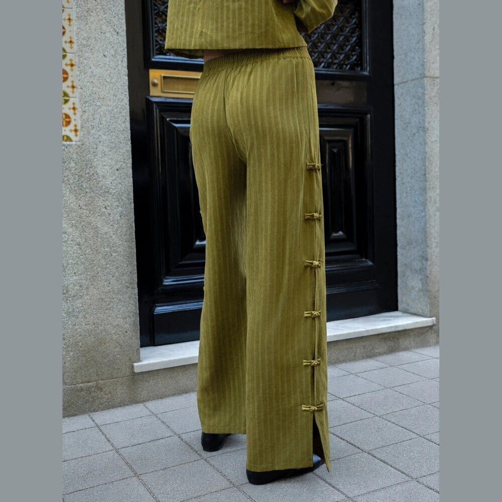 Olive Green Striped Frog Closure Crop Jacket and Wide Leg Pants Pantsuit Set - Picture 5 of 7